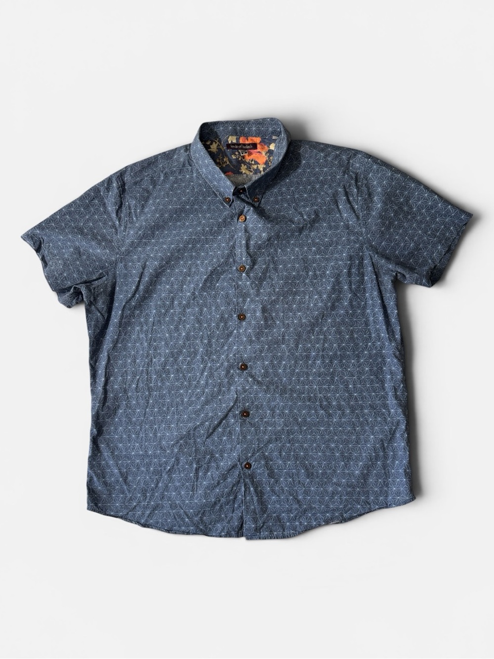 Lords of Harlech mens XL blue geo pattern short sleeve button up shirt EUC